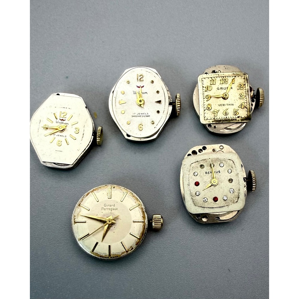 5 Vintage Watch Movements Waltham Gruen Girard Perregaux Benrus Parts Repair